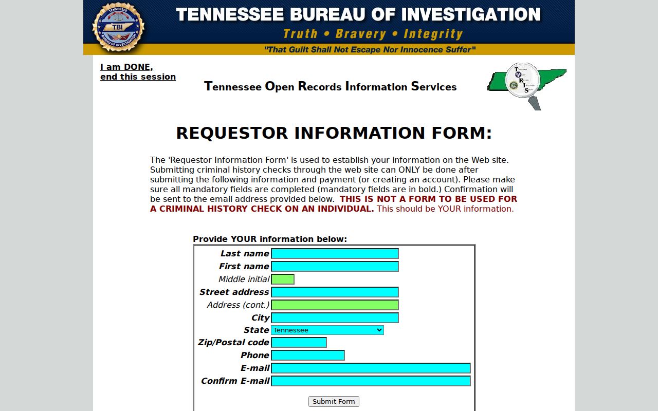 Van Buren County arrest history research using the official TORIS requester form